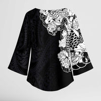 Hawaiian and Japanese Together Kimono Sleeve Blouse Japanese Koi Fish Tattoo and Kakau Pattern Black Color - Polynesian Pride
