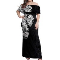 Hawaiian and Japanese Together Off Shoulder Maxi Dress Japanese Koi Fish Tattoo and Kakau Pattern Black Color