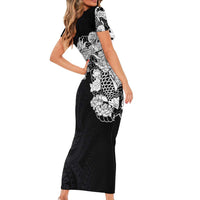 Hawaiian and Japanese Together Short Sleeve Bodycon Dress Japanese Koi Fish Tattoo and Kakau Pattern Black Color