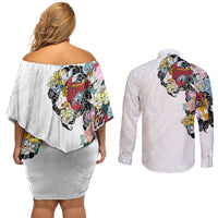 Hawaiian and Japanese Together Couples Matching Off Shoulder Short Dress and Long Sleeve Button Shirt Colorful Traditional Japanese Tattoo and Kakau Pattern White Color