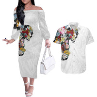 Hawaiian and Japanese Together Couples Matching Off The Shoulder Long Sleeve Dress and Hawaiian Shirt Colorful Traditional Japanese Tattoo and Kakau Pattern White Color