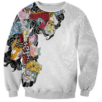 Hawaiian and Japanese Together Sweatshirt Colorful Traditional Japanese Tattoo and Kakau Pattern White Color LT03 Unisex White - Polynesian Pride