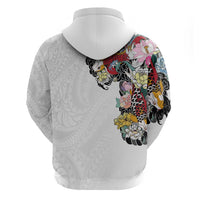 Hawaiian and Japanese Together Zip Hoodie Colorful Traditional Japanese Tattoo and Kakau Pattern White Color
