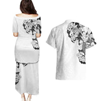 Hawaiian and Japanese Together Couples Matching Puletasi and Hawaiian Shirt Japanese Koi Fish Tattoo and Kakau Pattern White Color
