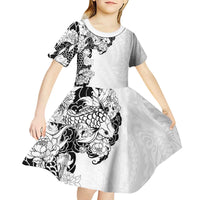 Hawaiian and Japanese Together Kid Short Sleeve Dress Japanese Koi Fish Tattoo and Kakau Pattern White Color