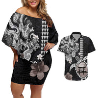 Hawaiian and Japanese Together Couples Matching Off Shoulder Short Dress and Hawaiian Shirt Japanese Culture and Turtle Kakau Tattoo Black Color LT03 Black - Polynesian Pride
