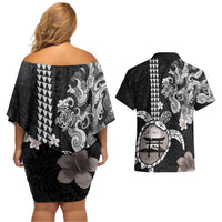 Hawaiian and Japanese Together Couples Matching Off Shoulder Short Dress and Hawaiian Shirt Japanese Culture and Turtle Kakau Tattoo Black Color LT03 - Polynesian Pride