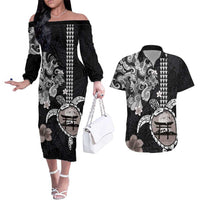 Hawaiian and Japanese Together Couples Matching Off The Shoulder Long Sleeve Dress and Hawaiian Shirt Japanese Culture and Turtle Kakau Tattoo Black Color LT03 Black - Polynesian Pride