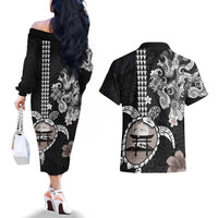 Hawaiian and Japanese Together Couples Matching Off The Shoulder Long Sleeve Dress and Hawaiian Shirt Japanese Culture and Turtle Kakau Tattoo Black Color LT03 - Polynesian Pride
