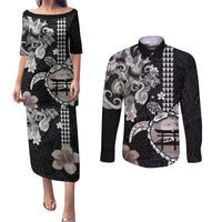 Hawaiian and Japanese Together Couples Matching Puletasi and Long Sleeve Button Shirt Japanese Culture and Turtle Kakau Tattoo Black Color