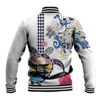 Hawaiian and Japanese Together Baseball Jacket Japanese Culture and Turtle Kakau Tattoo White Color