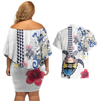 Hawaiian and Japanese Together Couples Matching Off Shoulder Short Dress and Hawaiian Shirt Japanese Culture and Turtle Kakau Tattoo White Color LT03 - Polynesian Pride
