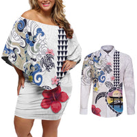 Hawaiian and Japanese Together Couples Matching Off Shoulder Short Dress and Long Sleeve Button Shirt Japanese Culture and Turtle Kakau Tattoo White Color