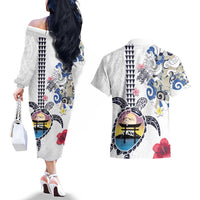 Hawaiian and Japanese Together Couples Matching Off The Shoulder Long Sleeve Dress and Hawaiian Shirt Japanese Culture and Turtle Kakau Tattoo White Color LT03 - Polynesian Pride