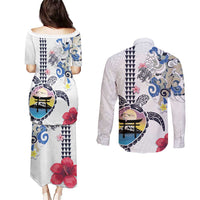 Hawaiian and Japanese Together Couples Matching Puletasi and Long Sleeve Button Shirt Japanese Culture and Turtle Kakau Tattoo White Color