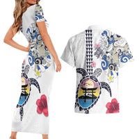 Hawaiian and Japanese Together Couples Matching Short Sleeve Bodycon Dress and Hawaiian Shirt Japanese Culture and Turtle Kakau Tattoo White Color