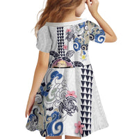 Hawaiian and Japanese Together Kid Short Sleeve Dress Japanese Culture and Turtle Kakau Tattoo White Color