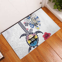 Hawaiian and Japanese Together Rubber Doormat Japanese Culture and Turtle Kakau Tattoo White Color