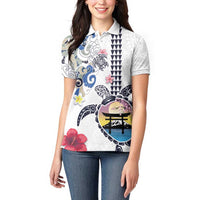 Hawaiian and Japanese Together Women Polo Shirt Japanese Culture and Turtle Kakau Tattoo White Color