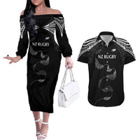 New Zealand Rugby Custom Couples Matching Off The Shoulder Long Sleeve Dress and Hawaiian Shirt Aotearoa Armour Blacks Silver Ferns - Polynesian Pride