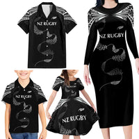 New Zealand Rugby Custom Family Matching Long Sleeve Bodycon Dress and Hawaiian Shirt Aotearoa Armour Blacks Silver Ferns - Polynesian Pride