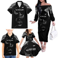 New Zealand Rugby Custom Family Matching Off The Shoulder Long Sleeve Dress and Hawaiian Shirt Aotearoa Armour Blacks Silver Ferns - Polynesian Pride