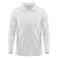 Tonga White Sunday Long Sleeve Polo Shirt Tongan Tribal Heritage Tattoos - Polynesian Pride