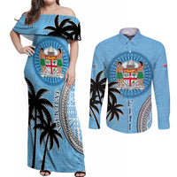 Personalised Fiji Couples Matching Off Shoulder Maxi Dress and Long Sleeve Button Shirts Tapa Pattern Fijian Coat of Arms and Palm Tree LT03 Blue - Polynesian Pride