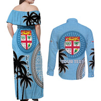 Personalised Fiji Couples Matching Off Shoulder Maxi Dress and Long Sleeve Button Shirts Tapa Pattern Fijian Coat of Arms and Palm Tree LT03 - Polynesian Pride