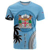 Personalised Fiji T Shirt Tapa Pattern Fijian Coat of Arms and Palm Tree LT03 Blue - Polynesian Pride