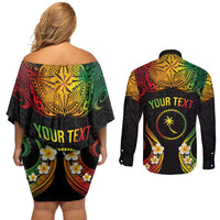 Personalised Chuuk Independence Day Couples Matching Off Shoulder Short Dress and Long Sleeve Button Shirt Polynesian Tattoo and Plumeria Reggae Color