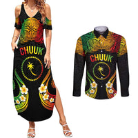 Personalised Chuuk Independence Day Couples Matching Summer Maxi Dress and Long Sleeve Button Shirt Polynesian Tattoo and Plumeria Reggae Color LT03 Reggae - Polynesian Pride