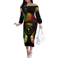 Personalised Chuuk Independence Day Family Matching Off The Shoulder Long Sleeve Dress and Hawaiian Shirt Polynesian Tattoo and Plumeria Reggae Color LT03 Mom's Dress Reggae - Polynesian Pride