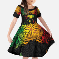 Personalised Chuuk Independence Day Family Matching Short Sleeve Bodycon Dress and Hawaiian Shirt Polynesian Tattoo and Plumeria Reggae Color LT03 Daughter's Dress Reggae - Polynesian Pride