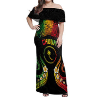 Personalised Chuuk Independence Day Off Shoulder Maxi Dress Polynesian Tattoo and Plumeria Reggae Color LT03 Women Reggae - Polynesian Pride