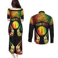 Personalised New Caledonia Independence Day Couples Matching Puletasi and Long Sleeve Button Shirt Polynesian Tattoo and Plumeria Reggae Color LT03 - Polynesian Pride