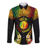 Personalised New Caledonia Independence Day Long Sleeve Button Shirt Polynesian Tattoo and Plumeria Reggae Color LT03 Unisex Reggae - Polynesian Pride