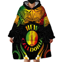 Personalised New Caledonia Independence Day Wearable Blanket Hoodie Polynesian Tattoo and Plumeria Reggae Color