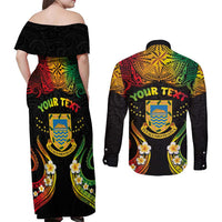 Personalised Tuvalu Independence Day Couples Matching Off Shoulder Maxi Dress and Long Sleeve Button Shirt Polynesian Tattoo and Plumeria Reggae Color