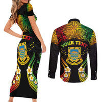 Personalised Tuvalu Independence Day Couples Matching Short Sleeve Bodycon Dress and Long Sleeve Button Shirt Polynesian Tattoo and Plumeria Reggae Color
