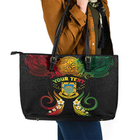 Personalised Tuvalu Independence Day Leather Tote Bag Polynesian Tattoo and Plumeria Reggae Color