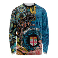 Fiji and Australia Kangaroos Long Sleeve Shirt Indigenous Aboriginal and Fijian Masi Tribal Tattoo LT03 Unisex Blue - Polynesian Pride