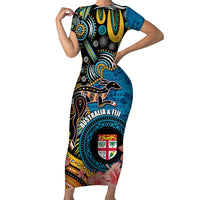 Fiji and Australia Kangaroos Short Sleeve Bodycon Dress Indigenous Aboriginal and Fijian Masi Tribal Tattoo