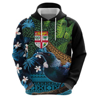 Fiji and New Zealand Tui Bird Hoodie Koru Fern Leafs and Palm Tree With Plumeria