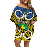 Vanuatu Tafea Province Family Matching Off Shoulder Short Dress and Hawaiian Shirt Pig Tusk Mix Maori Pattern and Namele Leaf LT03 Mom's Dress Blue - Polynesian Pride