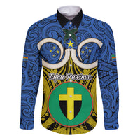 Personalised Vanuatu Tafea Province Family Matching Tank Maxi Dress and Hawaiian Shirt Pig Tusk Mix Maori Pattern and Namele Leaf LT03 Dad's Shirt - Long Sleeve Blue - Polynesian Pride
