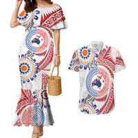 Tongan and Australian Culture Together Couples Matching Mermaid Dress and Hawaiian Shirt Ngatu Art Tribal Aboriginal Tattoo Pattern - Polynesian Pride
