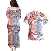 Tongan and Australian Culture Together Couples Matching Puletasi and Hawaiian Shirt Ngatu Art Tribal Aboriginal Tattoo Pattern - Polynesian Pride