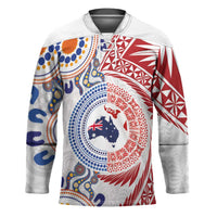 Tongan and Australian Culture Together Hockey Jersey Ngatu Art Tribal Aboriginal Tattoo Pattern LT03 Unisex White - Polynesian Pride