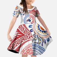Tongan and Australian Culture Together Kid Short Sleeve Dress Ngatu Art Tribal Aboriginal Tattoo Pattern LT03 KID White - Polynesian Pride